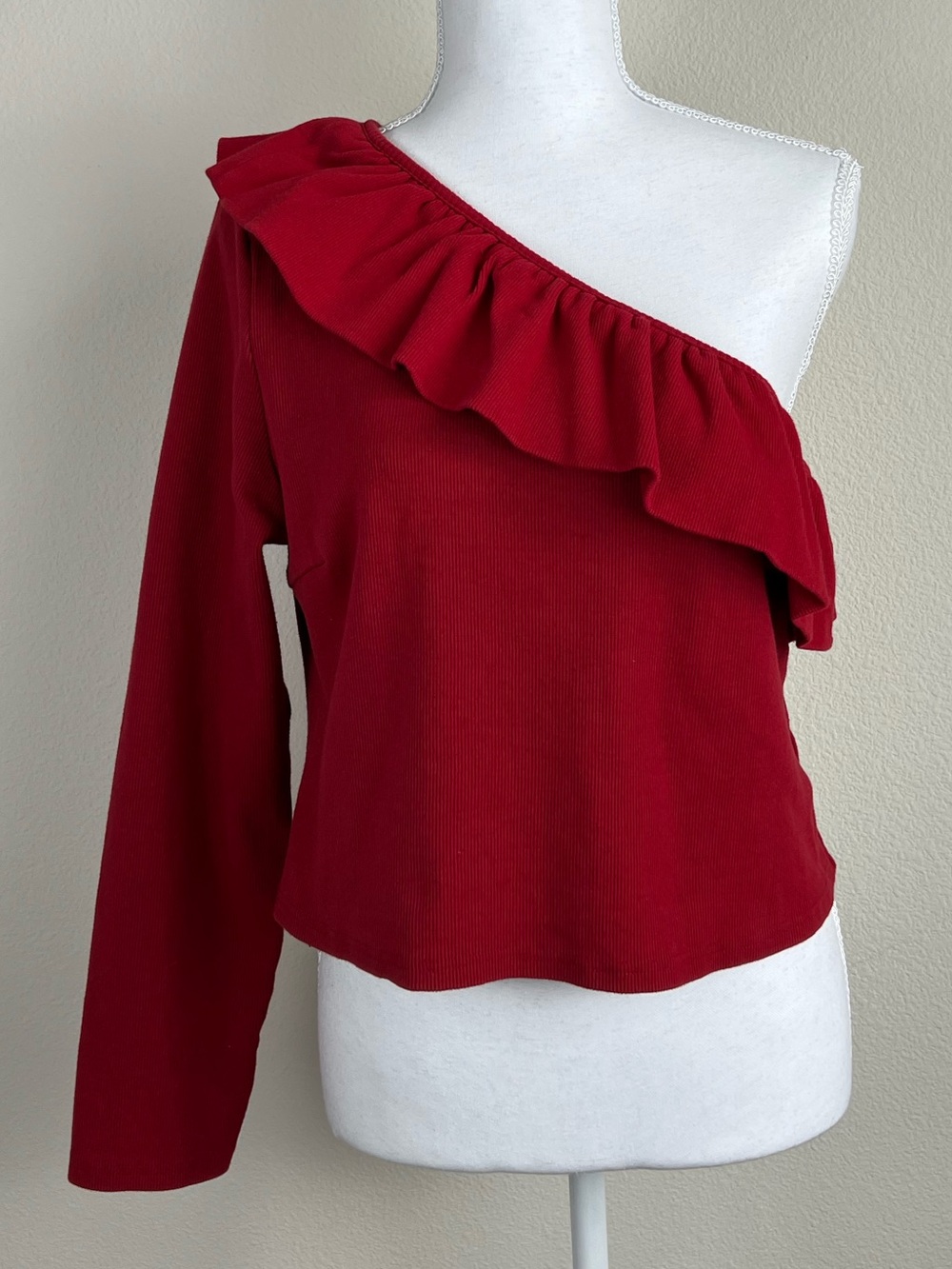 Anthropologie One Shoulder Top XL Red Ruffle‎ Asymmetrical Long Sleeve Blouse